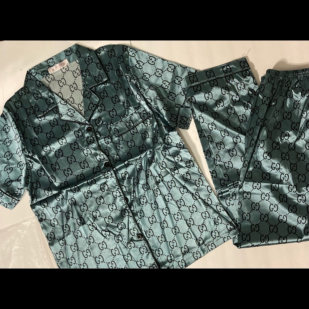 Blue pajama set short sleeve collared shirt and pants